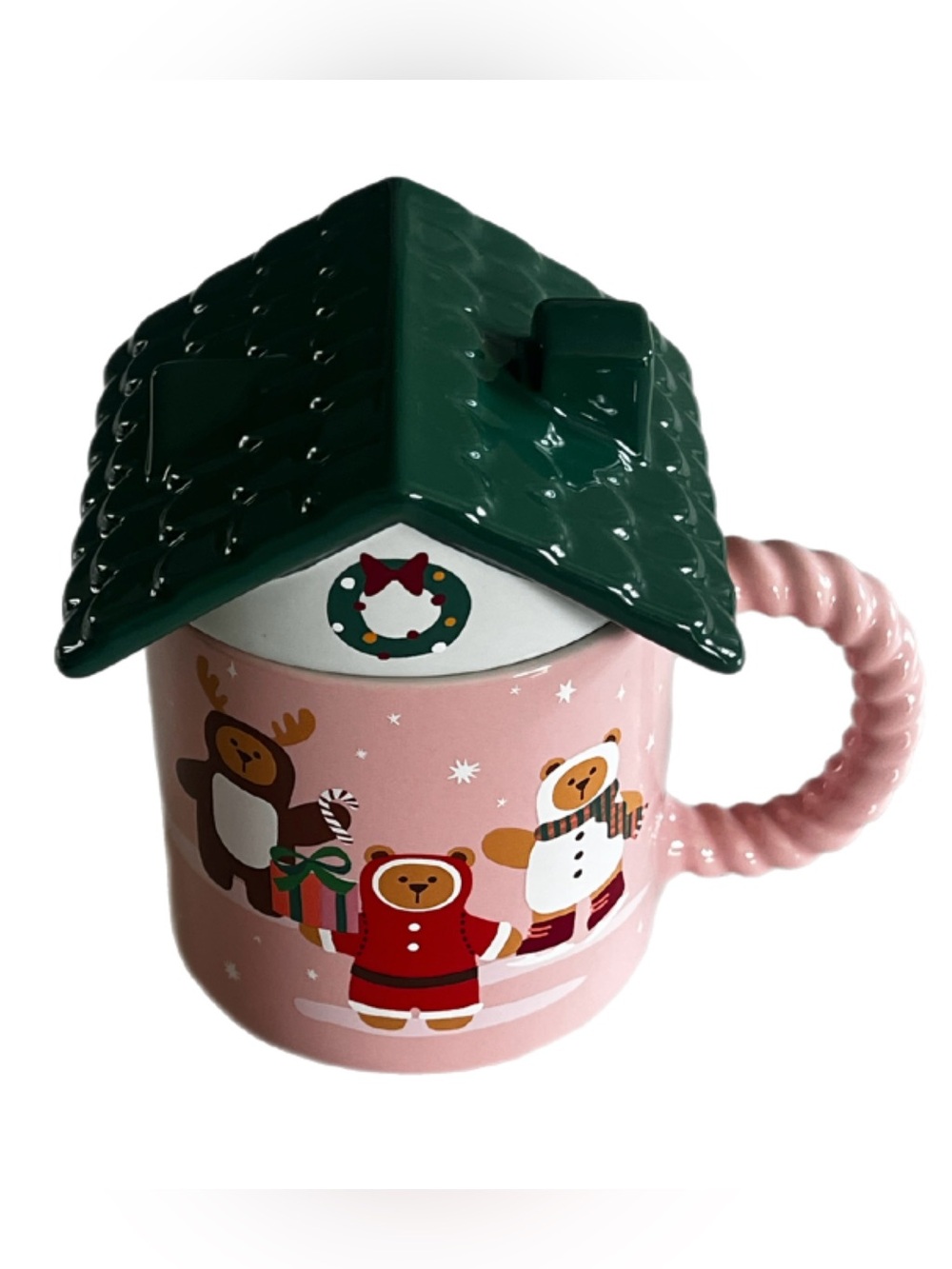 Starbucks Christmas Holiday 2025 Pink Gingerbread House Mug Green Roof Bears